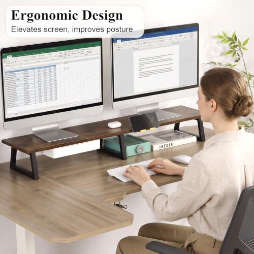 TEAMIX 42 inch Dual Monitor Stand with Storage Drawer & Phone Holder, Brown - Image 7