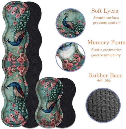 Large Gaming Mouse Pad + Keyboard Wrist Rest + Wrist Support + Coaster Set, Memory Foam Ergonomic for Easy Typing, XXL Extended Gaming Mouse Pad Table Pad - Peacock - Image 3
