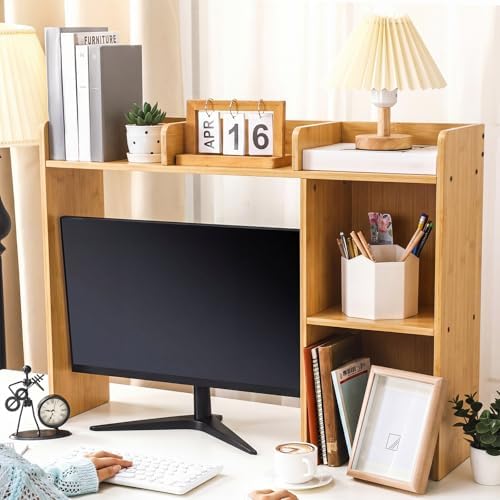 Briwooody Dorm Desk Bookshelf Desk Hutch Organizer with 5 Shelves and 3 Tier Desktop Hutch Storage Organizer for College Dorm Home Office Supply, 32.5 x 23.5 x 8 Inch(Bamboo and Wood) - Image 2