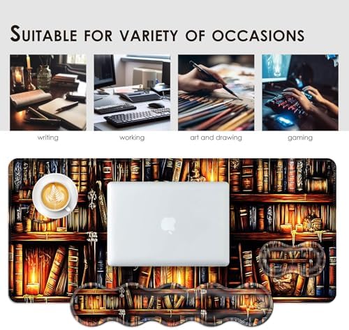 Large Keyboard Mouse Pad Set, Extended Mouse Pad+Keyboard Wrist Rest Support, Memory Foam Ergonomic Easy Typing, 4Pcs (31.5×11.8 in) Desk Pad Set for Office Home,Vintage Bookshelf - Image 7
