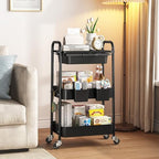 KINGRACK 3 Tier Metal Rolling Cart with Drawer, Black Utility Storage Cart - Image 2