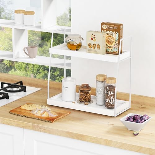 Forbena White 2 Tier Bathroom Organizer Countertop, Small Counter Top Organizer for Bathroom Decor, Modern Kitchen Counter Shelf for Snack, Vanity Makeup Organizers and Storage Tray for Bedroom - Image 4