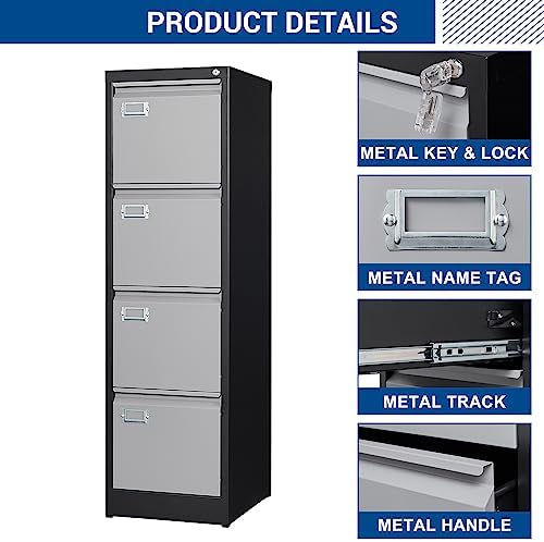 Fesbos File Cabinets - 4 Drawers Vertical 17.8" Deep Lockable Filing Cabinet - Black & Gray Metal Storage Cabinets for Home Office to Hanging Files Letter/Legal/F4/A4 Size - Image 5