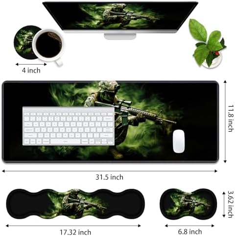 4 in 1 Ergonomic Memory Foam Mouse Pad Wrist Rest Set, Large XXL Gaming Desk Pad + Keyboard Wrist Rest + Mouse Wrist Cushion + Coaster for Home Office Study Gaming, American Army Troops Soldiers - Image 2