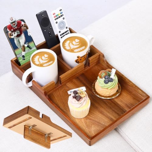 Couch Insert Tray for Middle Seat, Acacia Wood Couch Table with 2 Cup Holders, Fits Armless Sofa & Sectionals, Fold-Flat Tray for Drinks, Snacks & Remotes by Acanacle
