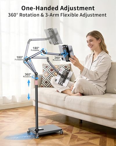 Rolling Tablet Floor Stand with Wheels, Adjustable Aluminum Arm & 360° Rotation, Magnetic Phone Holder with Remote, iPad Floor Stand for Bed, Compatible with 4.7-13" iPad, Phone, Kindle & Tablets - Image 3