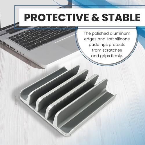 Elestoria 5- Slot Vertical Laptop Stand - Aluminum Laptop Stand Vertical for Desk - Fits MacBook Pro/Air, Surface, Mobiles & Gaming Laptops up to 17.3" - Heavy Duty Laptop Holder for Desk - (Silver) - Image 6