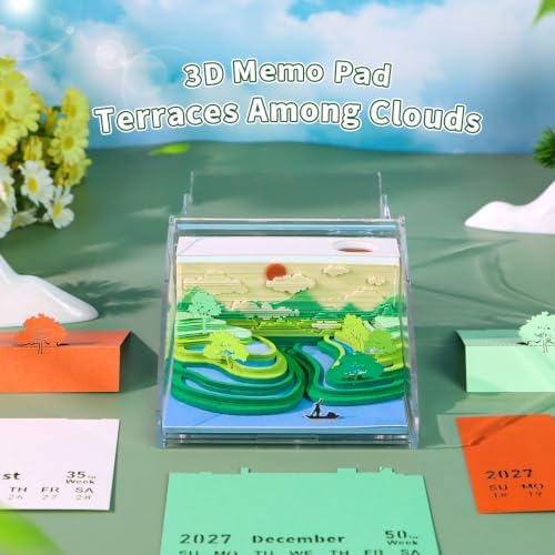 3D Memo Pad, 3D Calendar 2027, Time Piece Calendar, Tear-Off Calendars 2027, 3D Paper Carving Art Memo Pad, Art Carving Sticky Notes for Office Home Gifts Ornaments (Yunjian Terraced Fields) - Image 2