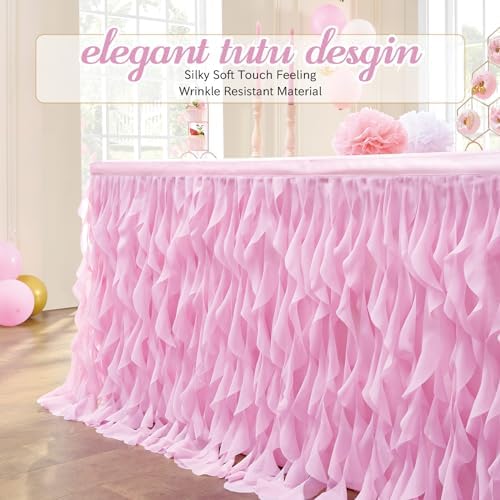 Leegleri 14ft Pink Tutu Table Skirt Tulle Curly Willow Table Skirt for Rectangle&Round Table,Tutu Ruffle Tablecloth for Princess Girls 1st Baby Girl Birthday Party,Baby Shower Decoration,Gender Reveal - Image 2