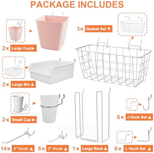 Pegboard Organizer Set 42Pack Peg Board Baskets Hooks Bins Cups(White Pink) - Image 3