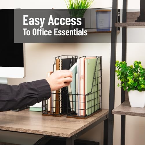 Mind Reader Vertical File Organizer with Wood Base and Black Metal Frame, Desktop Magazine Holder, Modern File Rack, Metal and Wood, Black - Image 6