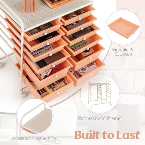 LDAILY 12 Drawer Rolling Storage Cart, Craft Cart Organizer on Wheels w/Metal Frame, Large Capacity & Smooth Drawer, Rolling Cart w/Drawers for Classroom, Office - Image 5