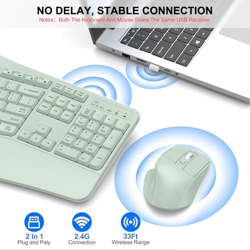 Wireless Keyboard and Mouse Combo, 2.4G Ergonomic Wave Key(Avocado Green) - Image 5