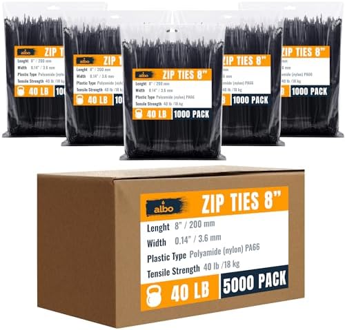 ALBO 5000 Pcs. Black Zip Ties, 8 Inch, Heavy Duty, 40 lb Tensile Strength by BinamInc