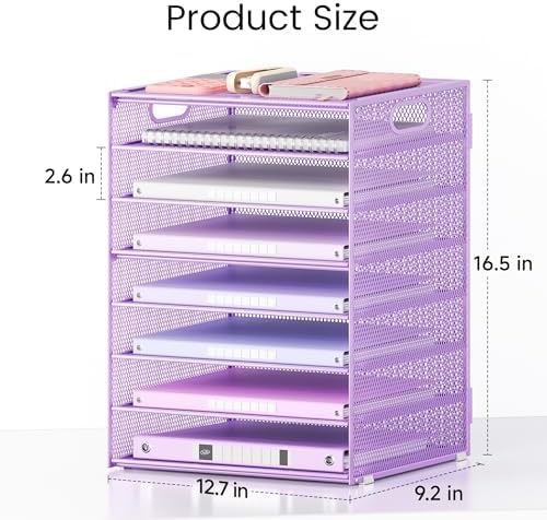 Lavatino 8-Tier Office Desk File Organizer, Letter Tray Paper Organizer with Handle, Including 5 Adjustable Slide Trays for Organizing Desktop Workspace Accessories and Supplies (Purple Metal Mesh) - Image 2