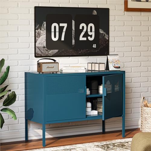 COFaR TV Stand for TVs up to 75 Inch, 40 Inch Media Console with Ventilation Doors, Metal Entertainment Center with Adjustable Shelves & 120Lbs Storage for Living Room & Bedroom, Peacock Blue by COFAR