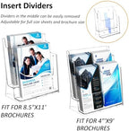 FUCDTEFC 2 Pack Acrylic Brochure Holder 8.5x11 & 4 x9 Inches, Clear 2 Tier Literature Magazine Stand Brochure Display Stand w Removable Divider Universal, Flyer Holder for Wall Mount or Countertop - Image 2