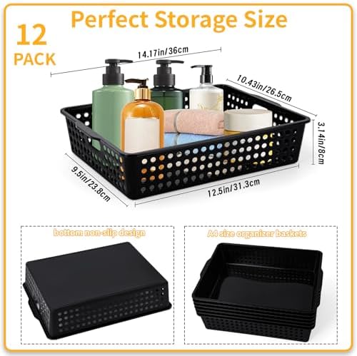 12 Pcs Plastic Storage Baskets Bulk 14 x 10 In Stackable Storage Bin with Handles A4 Size Desktop File Letter Organizer Tray Multi-purpose Container for Shelve Desktop Classroom Office Home Playroom - Image 2