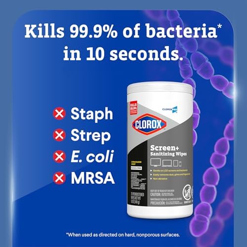 CloroxPro Clorox Screen+ Sanitizing Wipes, Disinfecting Wipes for Electronics, Gentle on Phones, Tablets, LCD Screens, Laptops and Sensitive Surfaces, Citrus Blend Scent, 1 Canister, 75 Wipes, 6 Pack - Image 3