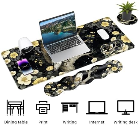 Keyboard Mouse Pad Set, Extended Gaming Mouse Pad+Ergonomics Keyboard Wrist Rest Support, Memory Foam, Easy Typing Pain Relief, 4Pcs XL Ultra Thick Desk Mat,Owl Flower - Image 3