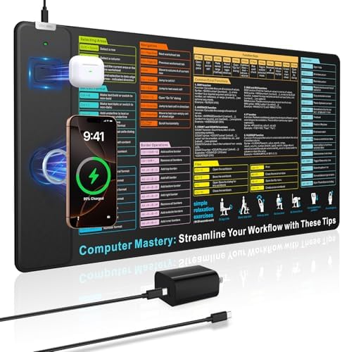 Wireless Charging Mouse Pad with Excel Formulas Shortcuts, 31.5"x15.8" in by abcmat