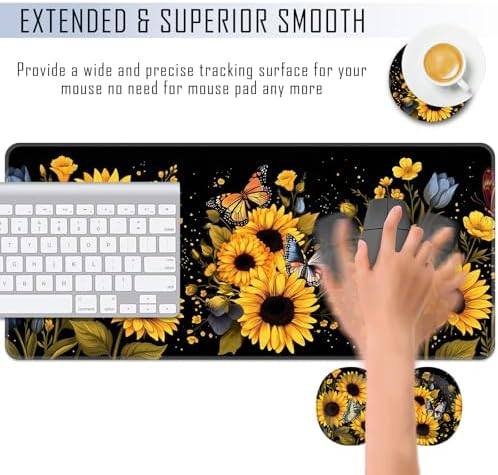TGFEWYTJYJ Extended Gaming Mouse Pad,Memory Foam Ergonomic Keyboard Mouse Wrist Rest Support Set,Large Desk Mat with Stitched Edges,Non-Slip Base Mousepad Home Office,Retro Sunflowers Butterfly - Image 4