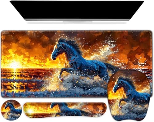 Large Mouse Pad, Keyboard Wrist Rest Set, Ergonomic Mouse Pad with Wrist Support, Desk Mat with Stitched Edges + Coaster, Extended Desk Pad Waterproof Desk Mat for Home Office Game I Running Horse by NXZGO