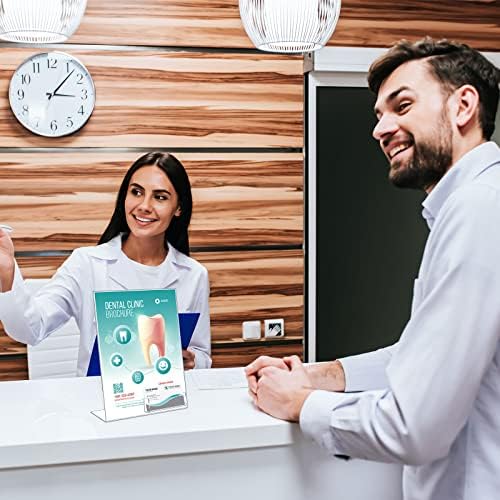 Remerry 12 Pcs Acrylic Sign Holder with Business Card Holder Slanted Paper Stand Clear Brochure Display Stand Heavy Duty Plastic Signs for Office Table Advertisement Flyer (8.5 x 11 Inch) - Image 2