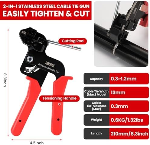 Stainless Steel Cable Tie Gun Set Metal Zip Tie Tool Kit (Red) - Image 3