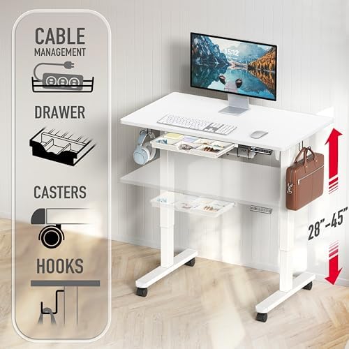 SHW 40-Inch Mobile Height Adjustable Standing Desk w/Drawer, White - Image 4