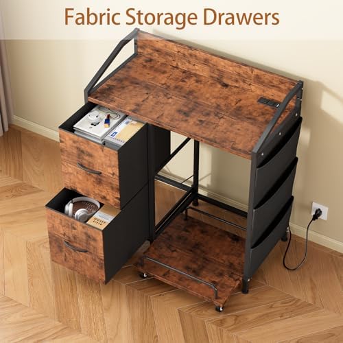 Printer Stand with Fabric Drawers, Lateral Office Filing Cabinets with Power outlets & USB Charging Port, File Cabinet with Large Printer Stands for Home Office, Shredder Stand (Rustic Brown) - Image 7
