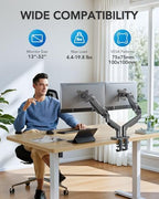 HUANUO Dual Monitor Stand, Fully Adjustable Monitor Desk Mount for 13–32″ Computer Screens, Full Motion VESA 75x75/100x100 with C-Clamp & Grommet Base, Each Arm Holds 4.4 to 19.8 lbs -Grey - Image 2