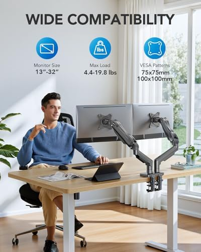 HUANUO Dual Monitor Stand, Fully Adjustable Monitor Desk Mount for 13–32″ Computer Screens, Full Motion VESA 75x75/100x100 with C-Clamp & Grommet Base, Each Arm Holds 4.4 to 19.8 lbs -Grey - Image 2