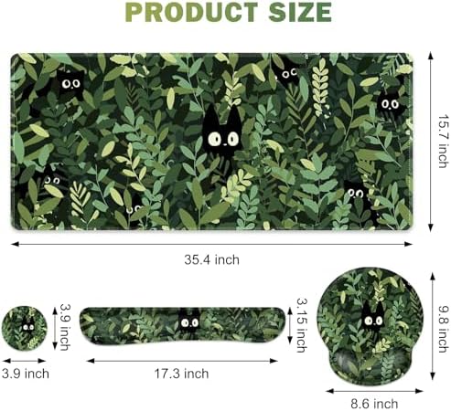 Large Desk Mat, Cute Anime Cats Gaming Mouse Pad, Desk Pad Protector, XXL Mousepad + Keyboard Wrist Rest+Mouse Wrist Rest+Coaster Set with Ergonomic Desk Pad for Home Office PC Computer, Green Leaves - Image 2