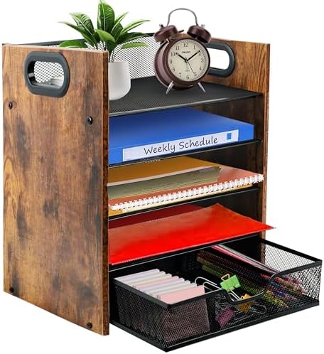 Desk Organizer, 5-Tier Desktop File Organizer with Drawer, Wooden Paper Tray Organizer, Office Desk Organzier and Accessories for Papers, Mail, Notebooks, Stationery by BOERSHUN