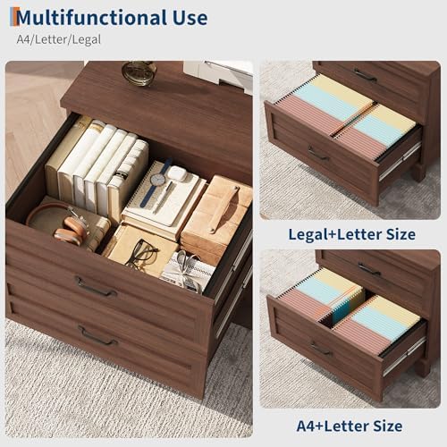 Garvee 2 Drawer Farmhouse Lateral File Cabinet for Home Office, Deep Filing Drawers Fit Legal Letter & A4 Hanging Files, Wide Storage Cabinet with Heavy-Duty Frame & Spacious Top, Retro Brown - Image 6