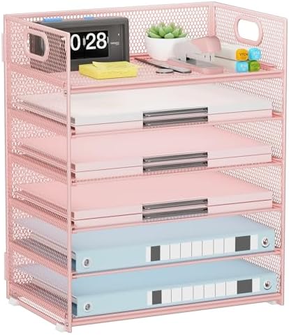 Pink Paper Organizer for Desk with Handle, 6-Tier by Kinkota