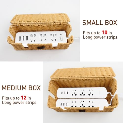 Cable Management Box - 2 Pack Cord Hider Organizer Boxs - Small & Medium Szie Power Cover Cord Box, Handwoven Rattan Cable Organizer for TV Computer USB Hub Power Strips & Cords - Image 3