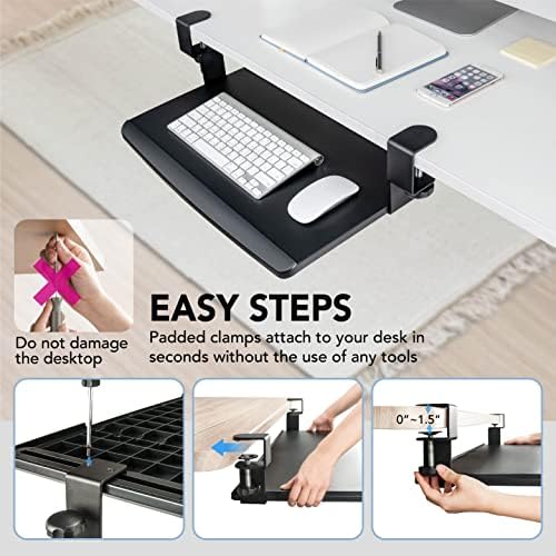 EHO Prime Desk Clamp Keyboard Tray, Under Desk Sliding Retractable Drawer, Ergonomic Space-Saving Platform for Standard Keyboards, Large 20" x 11.5" Workstation Extension - Image 2