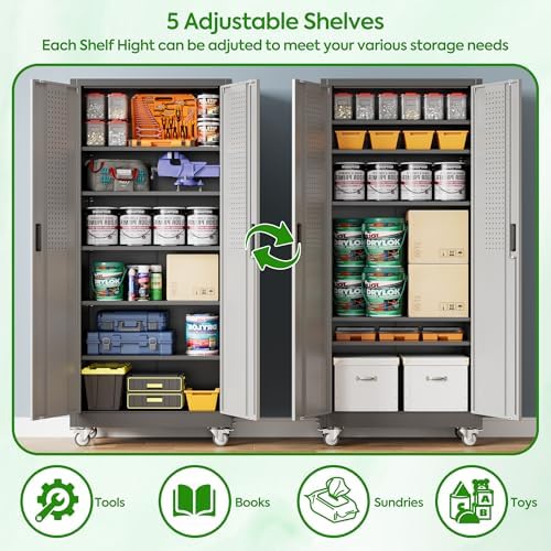 Aobabo Upgraded Garage Storage Cabinets with Wheels,Metal Storage Cabinets with 5 Adjustable Shelves for Garage Home Office Storage, Black&Dark Grey,71''H*32''W*16''D,Assembly Required - Image 5