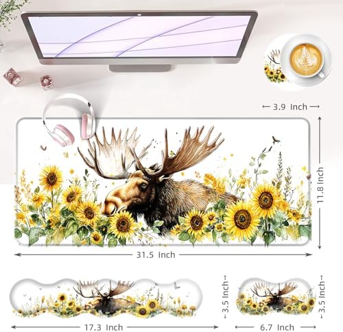 Large Keyboard Mouse Pad Set, Extended Mouse Pad+Keyboard Wrist Rest Support, Memory Foam Ergonomic Easy Typing, 4Pcs (31.5×11.8 in) Desk Pad Set for Office Home,Deer and Sunflowers - Image 6