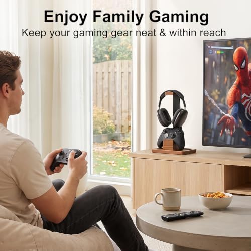 Solid Wood Metal Headphone Stand with Modular Controller Holder for Desk - Image 6