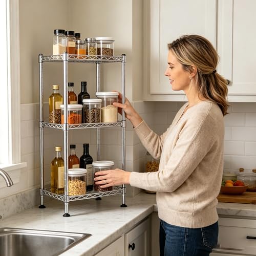 3 Tier Storage Racks Shelving, Heavy Steel Pantry Shelves, Adjustable Wire Shelving Rack, Suitable for Garage, Kitchen, Bathroom, Office, 12" W x 12" D x 24" H, Chrome - Image 2