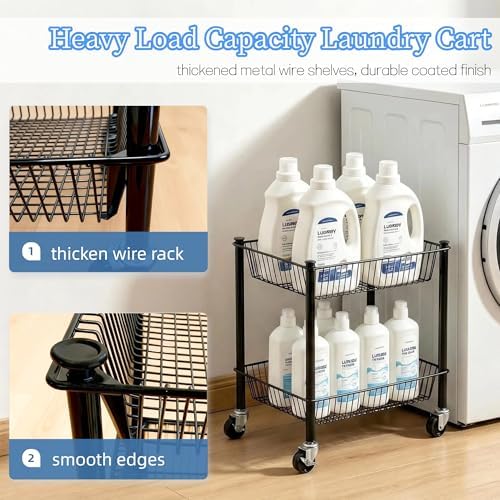 2 Tier Rolling Pantry Cart on Wheels Thick Metal Pantry Floor Organizer Small Utility Cart for Small Space, Fruit Vegetables Rack for Kitchen, Under Desk Storage Onion Potato Storage Basket, Black - Image 6