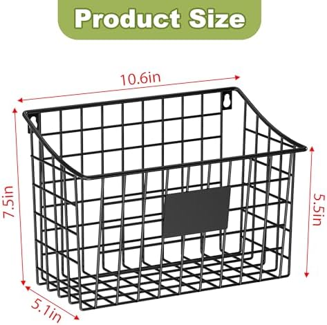 Wall Mounted Bin Basket with 5 Hooks 3 Label Plate Adhesive-3 Pack, Cabinet Hanging Metal Wire Basket,Rustic Farmhouse Decor, Storage Organization Shelf for Pantry Kitchen Bathroom 10.6*7.5*5.1inch - Image 4