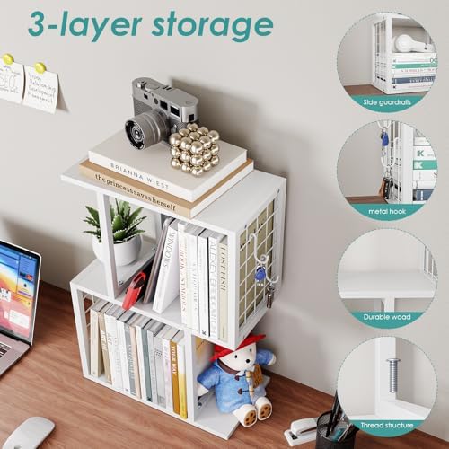 Small Desktop Bookshelf Organizer, White 3-Tier Desk Shelf with Metal Hook Workspace Organizers for Desk Organization and Office Storage Table Bookcase - Image 5