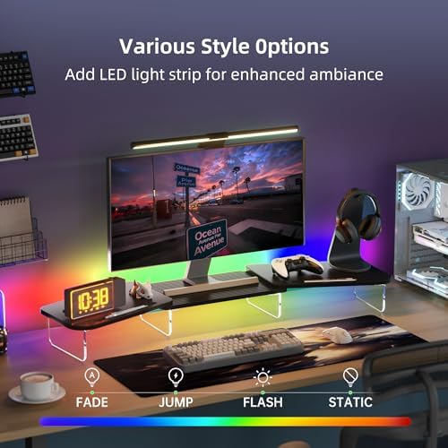 AFOOYO LED Dual Monitor Stand Riser for 2 Monitors,Office Desktop Wooden Stand Adjustable Length and Angle 3 Shelf,Extra Long Multifunctional Stand up to 39.3" for Computer,Laptop,TV,Black - Image 3