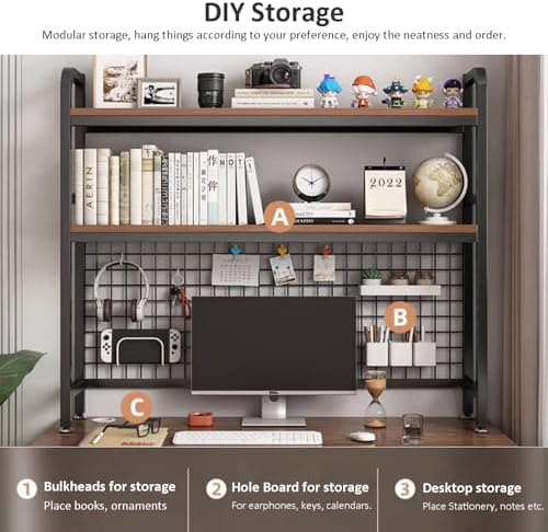 Desk Hutch Desktop Bookshelf, 2 Tier Computer Desktop Bookshelf with Pegboard,Wood Hutch Bookcase Organizer,Multipurpose Countertop Storage Shelf,Display Shelf Rack for Home Office Dorm - Image 5
