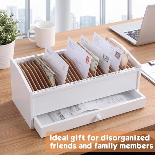 Wood Desktop Organizer with Drawer, 17 Inch 32 Section Bill & Mail & File Organizer Storage for Office Desk, Desktop Mail Holder and Office Supplies Storage, Letter and Paper Sorter (White) - Image 6
