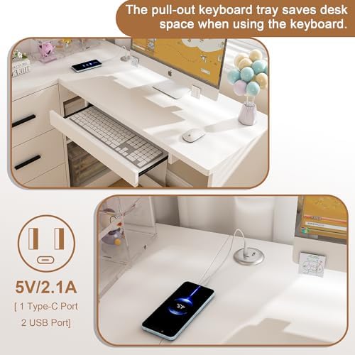 43.3" White L Shaped Office Desk with Glass Cabinets and Drawers - Image 4